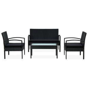 4-delige Loungeset met kussens poly rattan zwart
