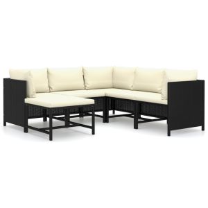 6-delige Loungeset met kussens poly rattan zwart