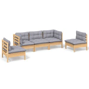 5-delige Loungeset met grijze kussens massief grenenhout