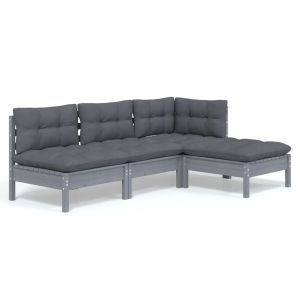 4-delige Loungeset met kussens grenenhout grijs