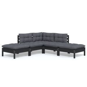 5-delige Loungeset met kussens grenenhout zwart
