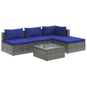 5-delige Loungeset met kussens poly rattan grijs