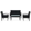 4-delige Loungeset met kussens poly rattan zwart