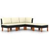 5-delige Loungeset met kussens poly rattan zwart