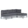 4-delige Loungeset met kussens grenenhout grijs
