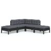 5-delige Loungeset met kussens grenenhout zwart