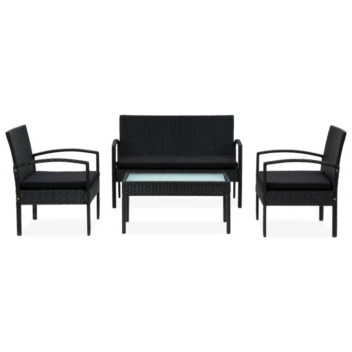 4-delige Loungeset met kussens poly rattan zwart