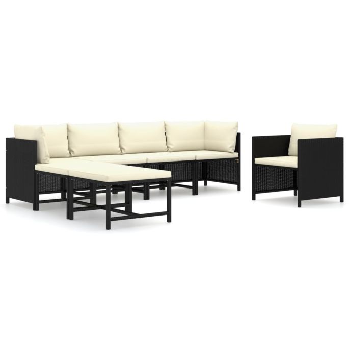 7-delige Loungeset met kussens poly rattan zwart
