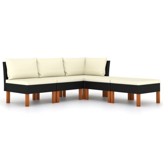 5-delige Loungeset met kussens poly rattan zwart