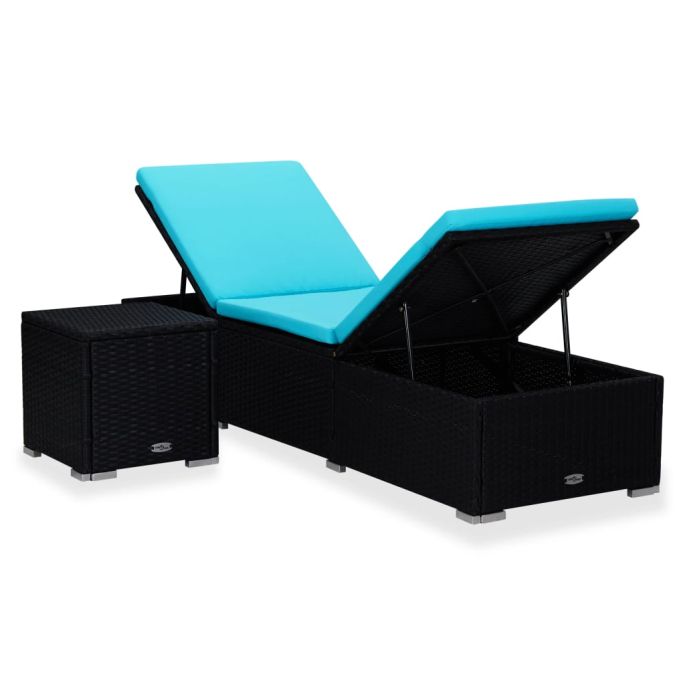 Ligbed met kussen en tafeltje poly rattan blauw