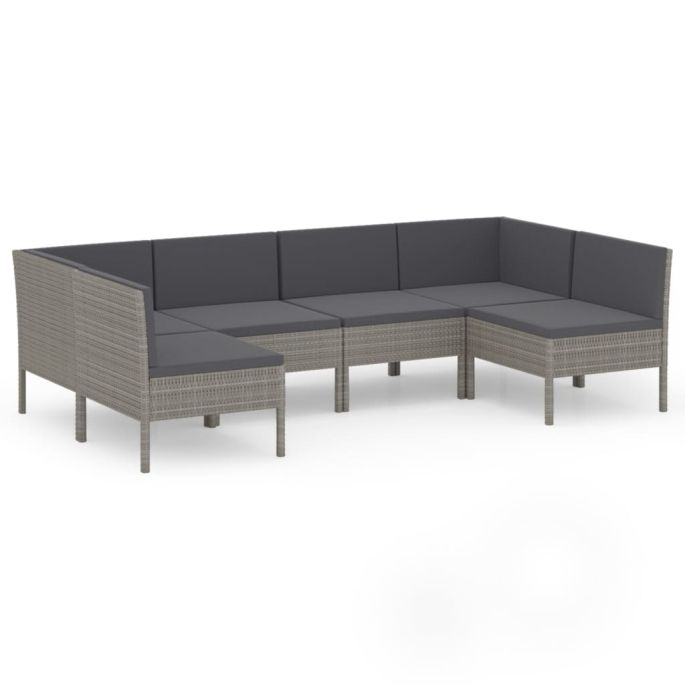 6-delige Loungeset met kussens poly rattan grijs