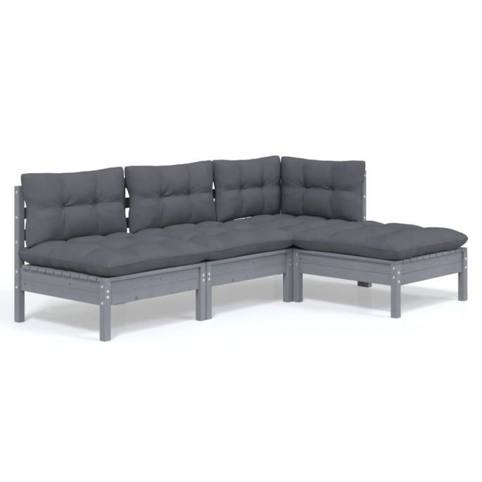 4-delige Loungeset met kussens grenenhout grijs