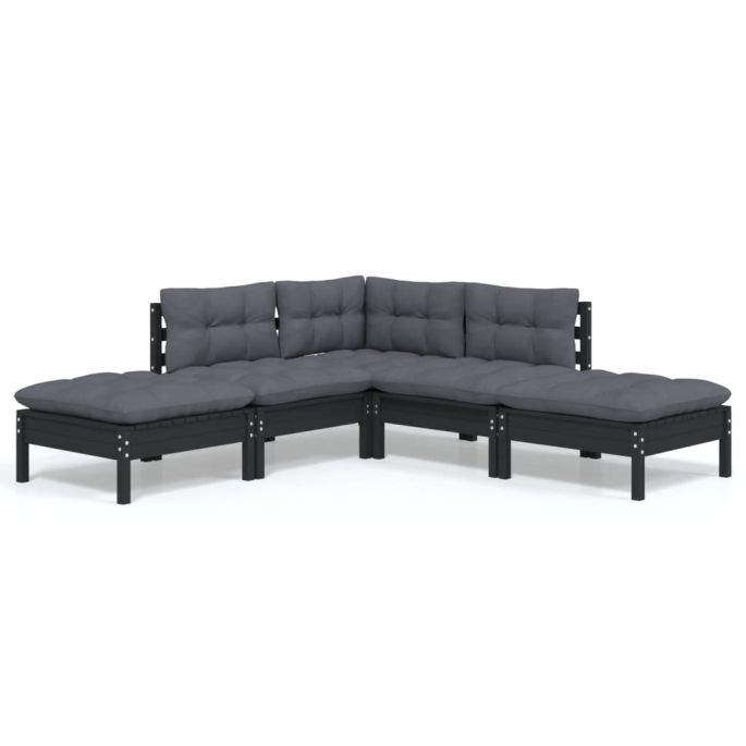 5-delige Loungeset met kussens grenenhout zwart