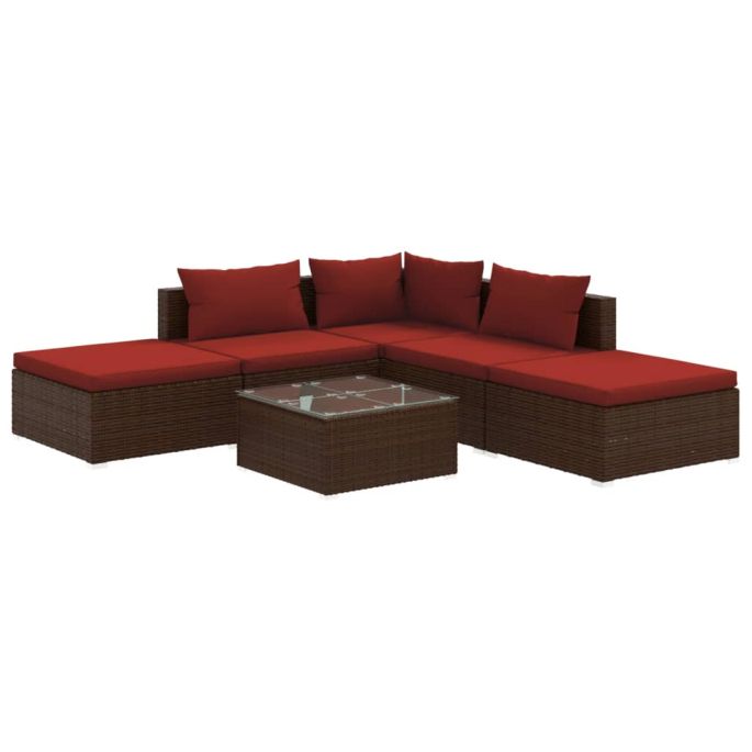 6-delige Loungeset met kussens poly rattan bruin