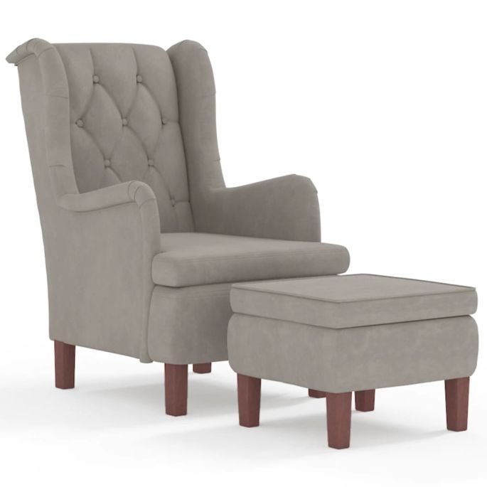 Fauteuil met voetenbank fluweel lichtgrijs