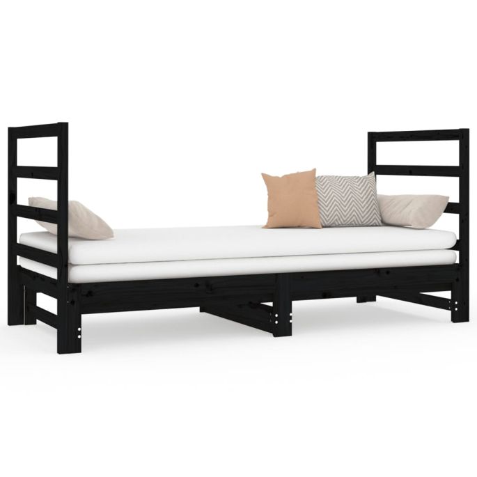 Slaapbank uitschuifbaar massief grenenhout zwart 2x(90x190) cm